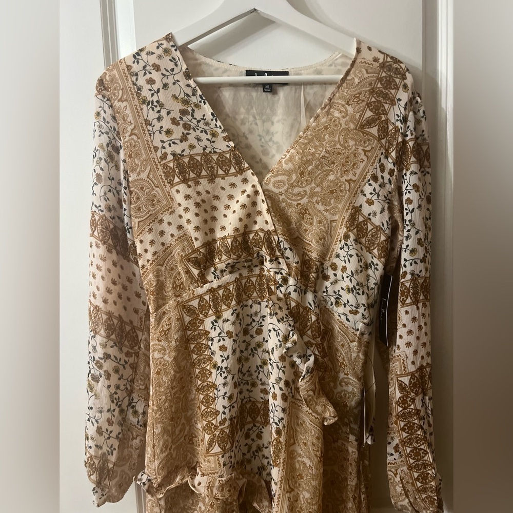 Lulus Floral Bohemian Dress in Cream and Brown - Picture 3 of 7